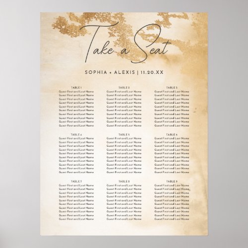 Golden Abstract Watercolor Wedding Seating Chart