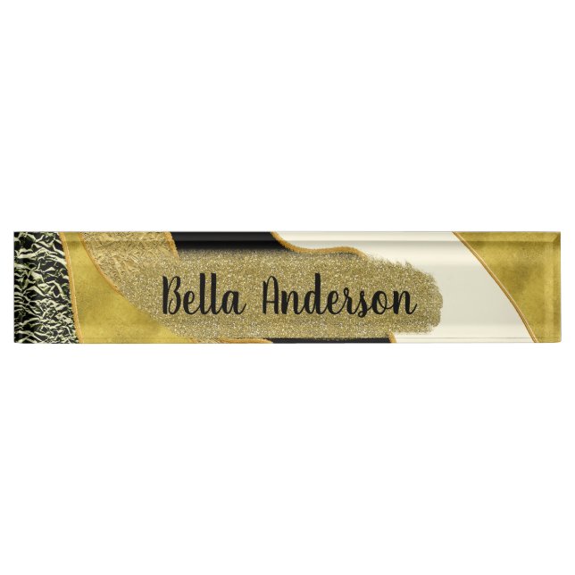 Golden Abstract Wave Modern Gold Glam Trendy Desk Name Plate (Front)