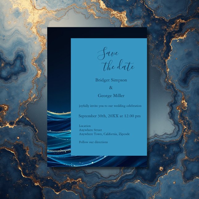 Golden Accented Abstract Ocean Waves wedding Invitation (Creator Uploaded)