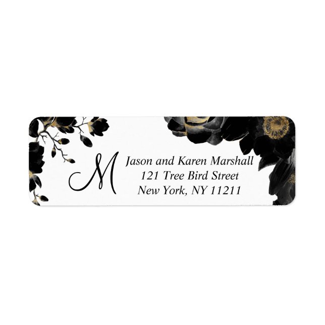 Golden Accented Black Floral Address Labels (Front)