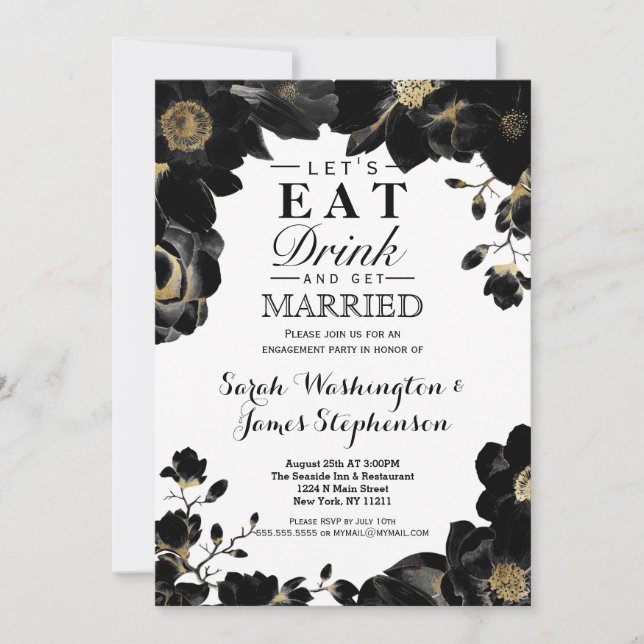 Golden Accented Black Floral Engagement Party Invitation (Front)