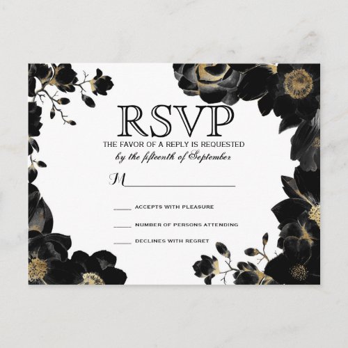 Golden Accented Black Floral RSVP Postcards