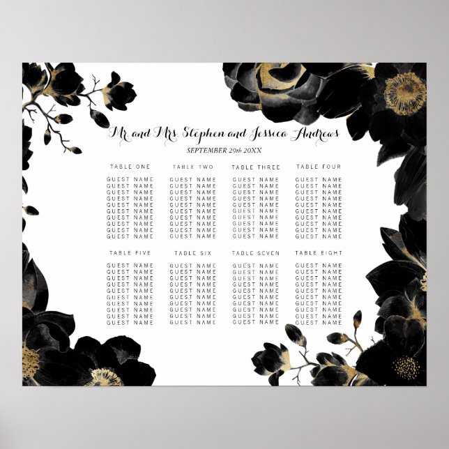 Golden Accented Black Floral Seating Chart (Front)