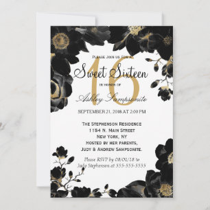Golden Accented Black Floral Sweet 16 Invitations
