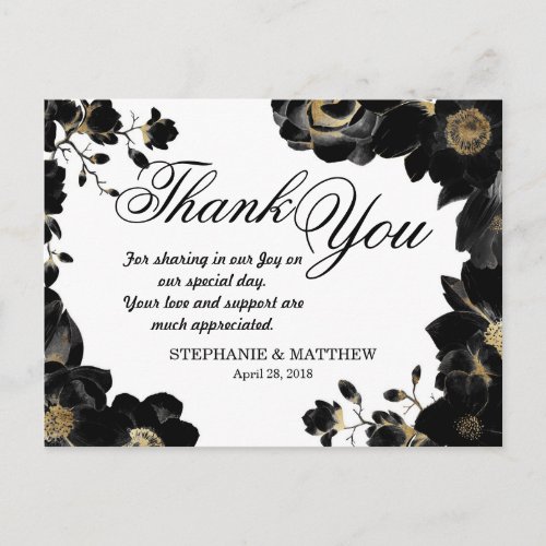 Golden Accented Black Floral Thank You Postcards