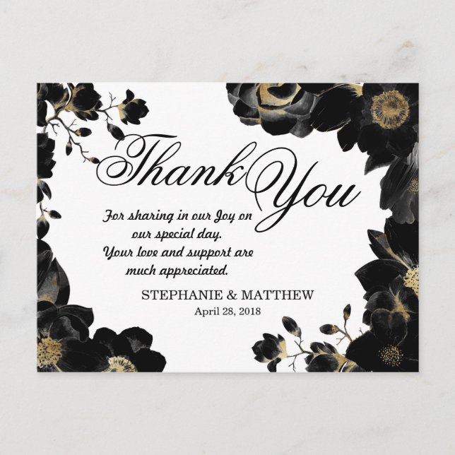 Golden Accented Black Floral Thank You Postcards (Front)