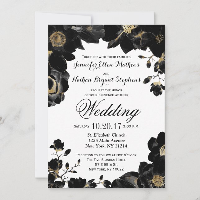Golden Accented Black Floral Wedding Invitations (Front)