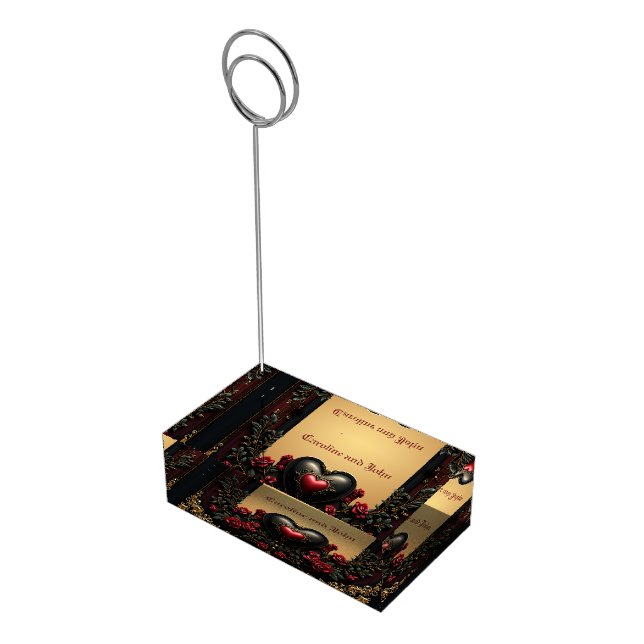 Golden accents, red roses, and a heart:  place card holder (Corner)