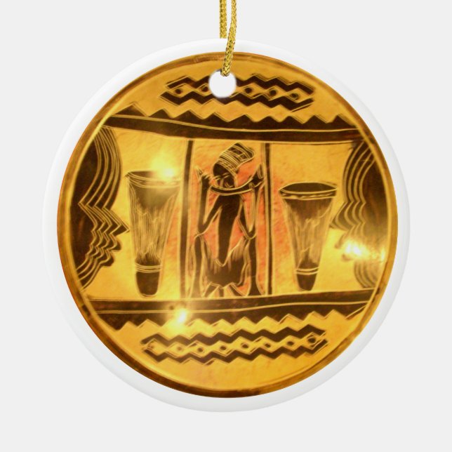 Golden African Ethnic Art Print Design Ceramic Ornament (Front)