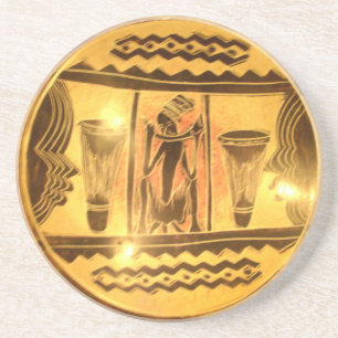 Golden African Ethnic Art Print Design Sandstone Coaster