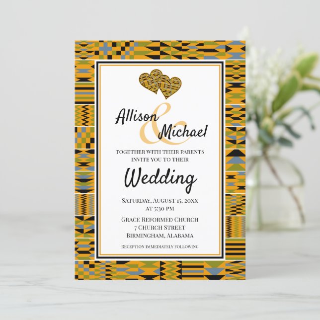 Golden African Kente K46 Wedding Invitation (Standing Front)