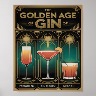 Golden Age of Gin Cocktails Art Deco Bar Poster