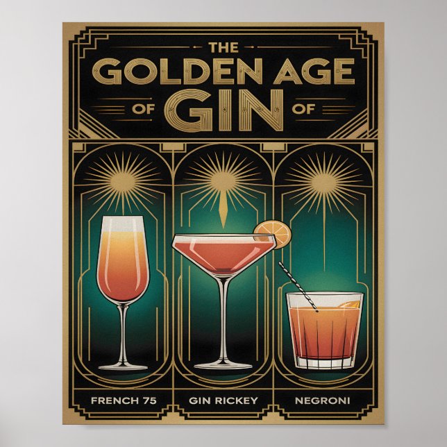 Golden Age of Gin Cocktails Art Deco Bar Poster (Front)