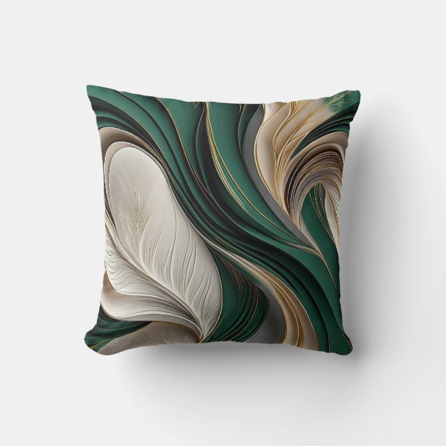 Golden Air – Emerald & Gold Flowing Abstract Throw Pillow (Front)