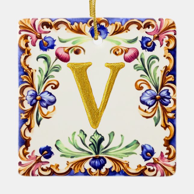 Golden Alphabet – Letter V Ceramic Ornament (Front)
