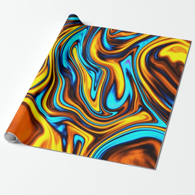 Golden Amber and Blue Abstract Lava Flow Wrapping Paper (Unrolled)