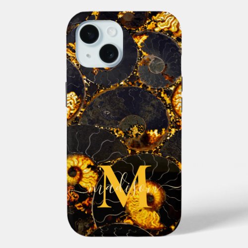 Golden Amber black Nautilus shell pattern fossil  iPhone 15 Case