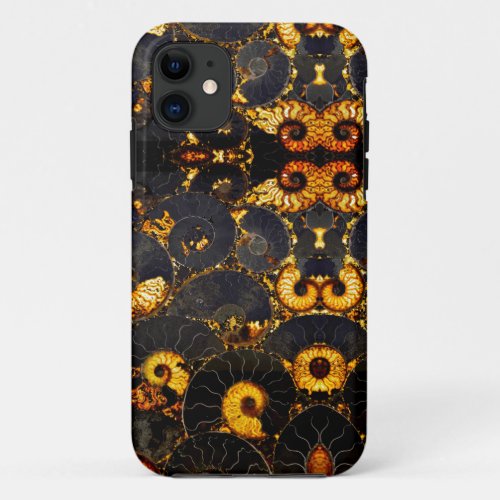 Golden Amber black Nautilus shell pattern fossil  iPhone 11 Case