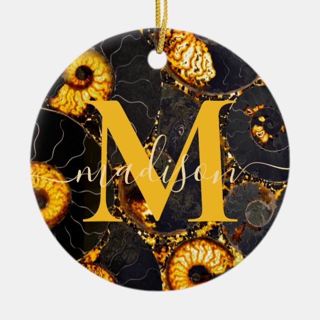 Golden Amber black Nautilus shell pattern, fossil  Ceramic Ornament (Front)