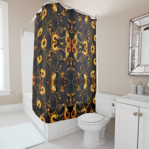 Golden Amber black Nautilus shell pattern fossil  Shower Curtain