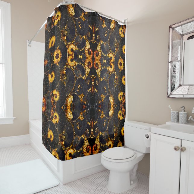 Golden Amber black Nautilus shell pattern, fossil  Shower Curtain (In Situ)