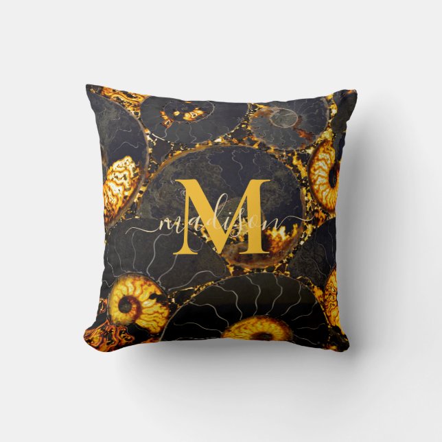 Golden Amber black Nautilus shell pattern, fossil  Throw Pillow (Front)