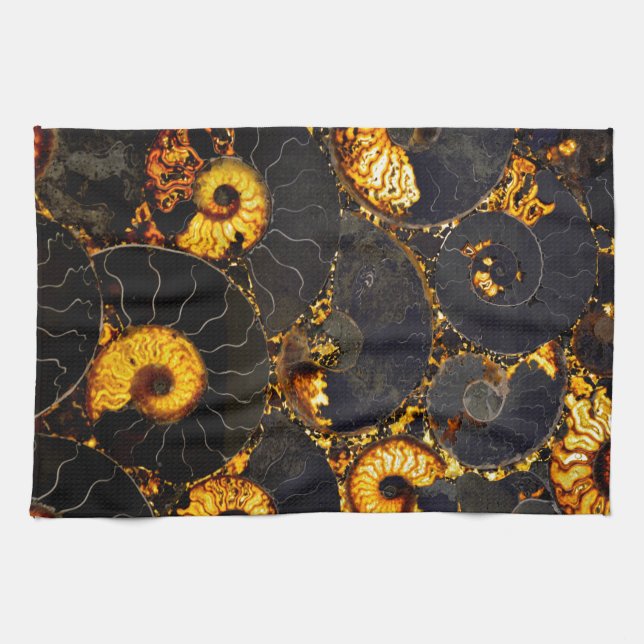 Golden Amber black Nautilus shell pattern, fossil  Towel (Horizontal)