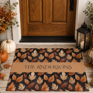 Golden Amber Brown Autumn Leaves Family Name Doormat