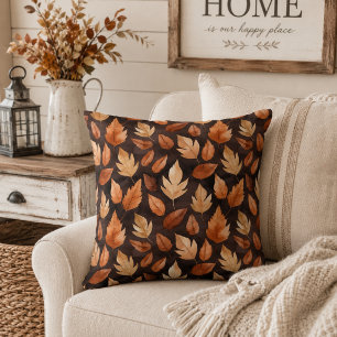 Golden Amber Brown Autumn Leaves Pattern Throw Pillow