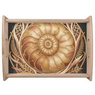 Golden Ammonite Fossil Celtic Frame Ornate Pattern Serving Tray