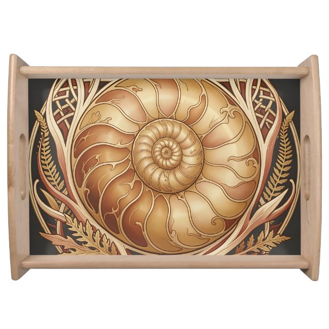 Golden Ammonite Fossil Celtic Frame Ornate Pattern Serving Tray (Front)