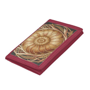 Golden Ammonite Fossil Celtic Frame Ornate Pattern Tri-fold Wallet