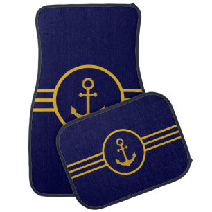 Golden Anchor & Golden Lines on Navy Blue Car Floor Mat