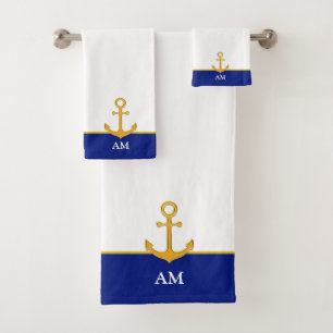 Golden Anchor & Monogram on Blue and White Bath Towel Set