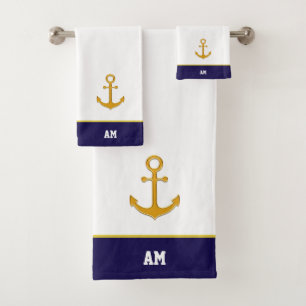 Golden anchor & monogram on navy blue & white bath towel set