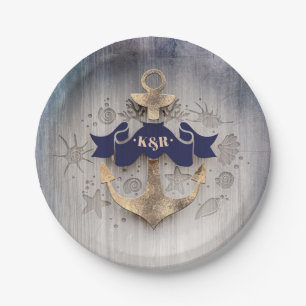 Golden Anchor Nautical Coastal Wedding Paper Plates