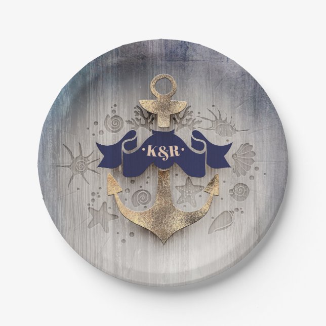 Golden Anchor Nautical Coastal Wedding Paper Plates (Front)