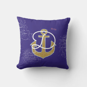 golden anchor on blue personalized nautical outdoor pillow