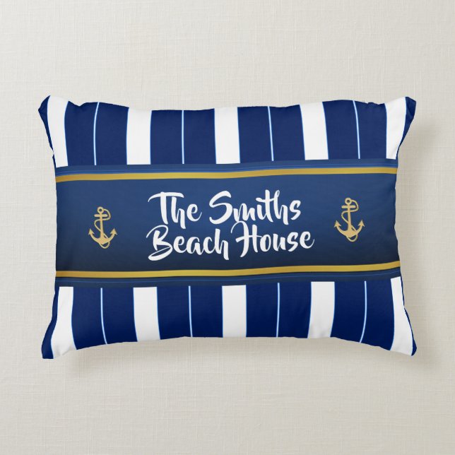 Golden Anchor on Blue Stripes Nautical Accent Pillow (Front)