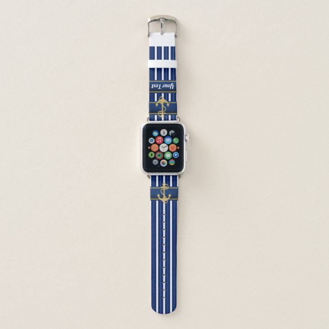 Golden Anchor on Blue Stripes Nautical Apple Watch Band (Front)