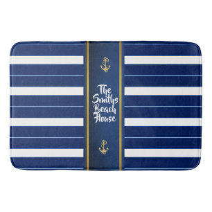 Golden Anchor on Blue Stripes Nautical Bath Mat