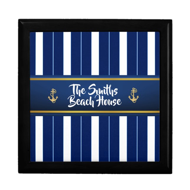 Golden Anchor on Blue Stripes Nautical Gift Box (Front)