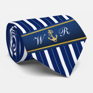 Golden Anchor on Blue Stripes Nautical Neck Tie