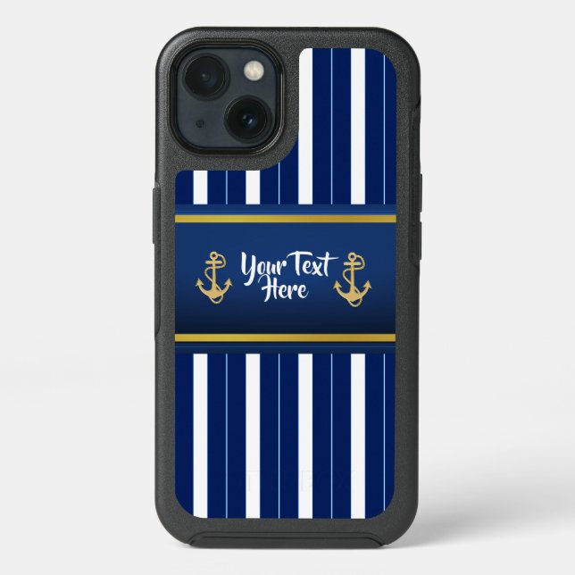 Golden Anchor on Blue Stripes Nautical Otterbox iPhone Case (Back)