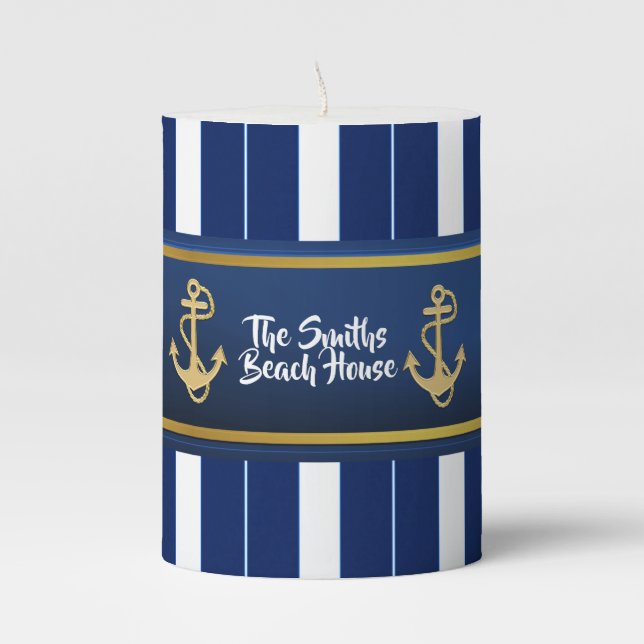 Golden Anchor on Blue Stripes Nautical Pillar Candle (Front)