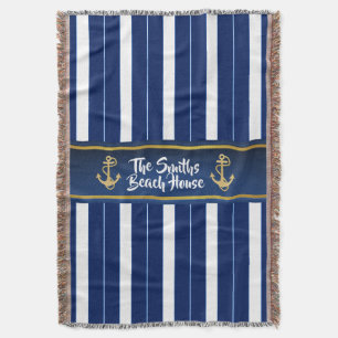 Golden Anchor on Blue Stripes Nautical Throw Blanket