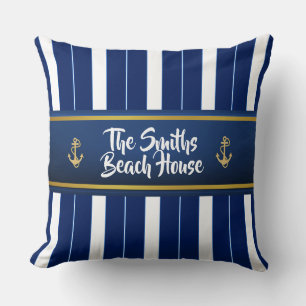 Golden Anchor on Blue Stripes Nautical Throw Pillow