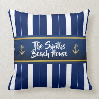 Golden Anchor on Blue Stripes Nautical Throw Pillow