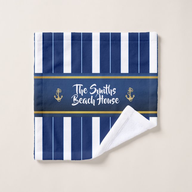 Golden Anchor on Blue Stripes Nautical Wash Cloth (Wash Cloth)