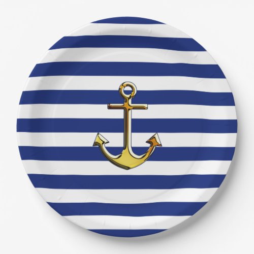 Golden Anchor on Nautical Navy Blue Stripes Print Paper Plates